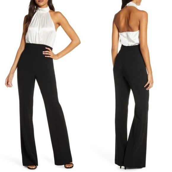 Black Halo Genesis Jumpsuit Plus 14 Color Block Black White High Neck Halter - Picture 1 of 8